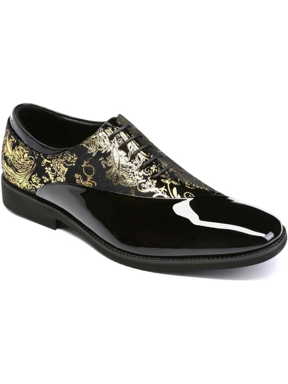 Men's Black Gold Elegant Rubber Sole Lace Up Patent Velvet Tuxedo Oxford Shoes